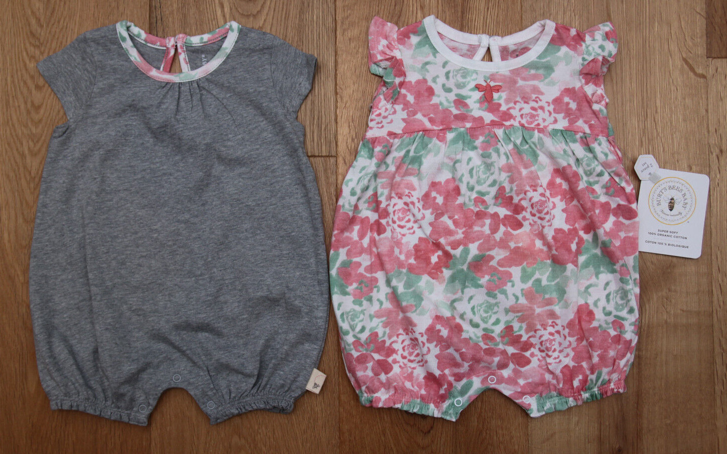 Burt’s Bees Baby Girl 2 Piece Bubble Romper Set ~ White, Pink, Green & Gray ~