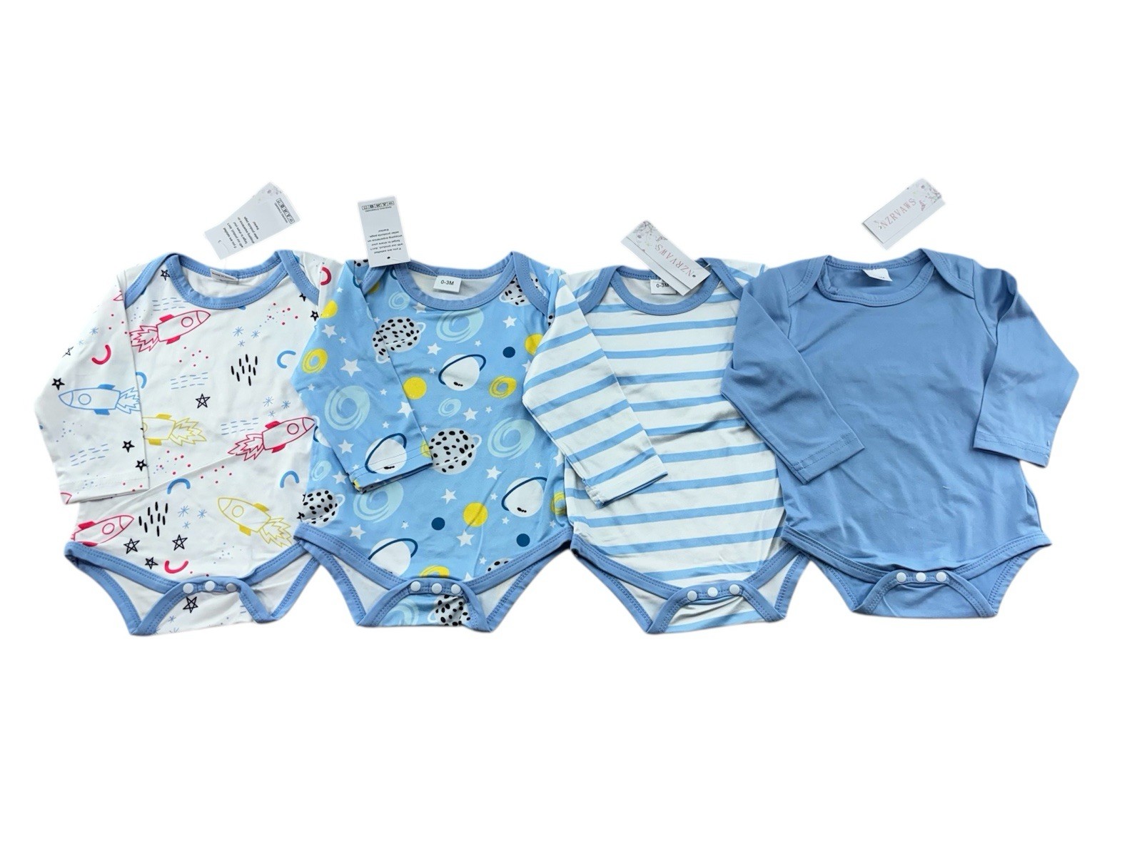 4pk 0-3 Months Boys Blue Outfit Bundle; Pants, Jumpsuit, Hat And Gloves