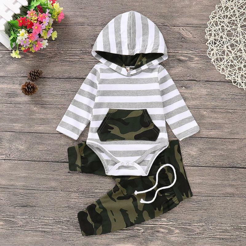Patpat 2pcs Stripe and Camouflage Print Hooded Top + Trousers Baby Set 3-6 mth