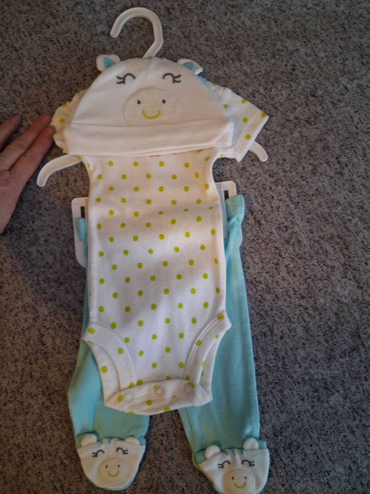 Newborn Polka Dot Layette Set Bodysuit, Blue Pants, Zebra Animal Hat, 3 Piece