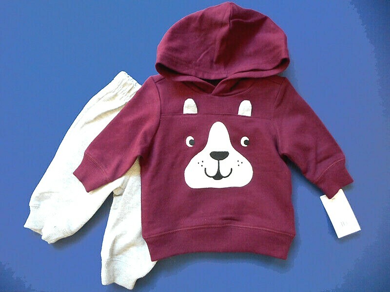 Boys NWT Carters Puppy Dog Face Burgundy Hoodie Gray Sweatpants 3 mos NEW