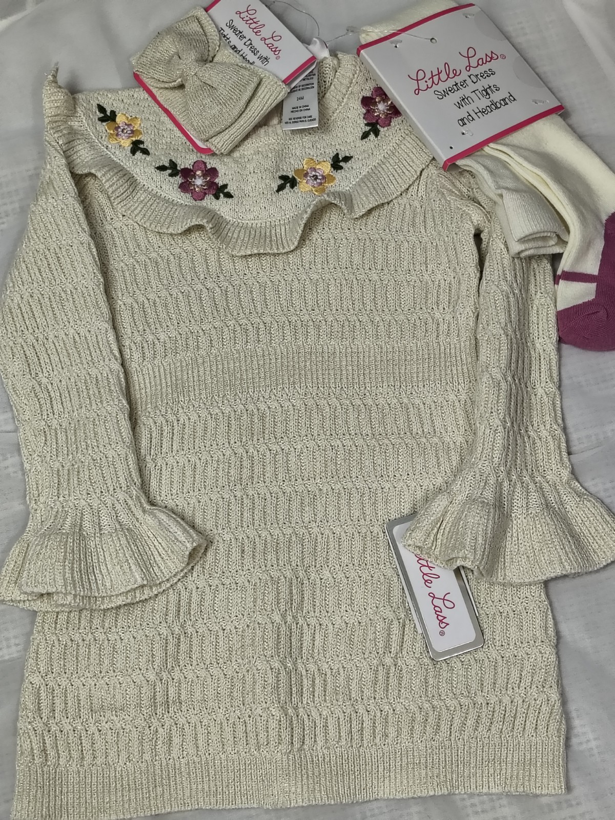 Little Lass 24M Floral Knit Sweater Dress Set w/ Tights & Headband 3pc