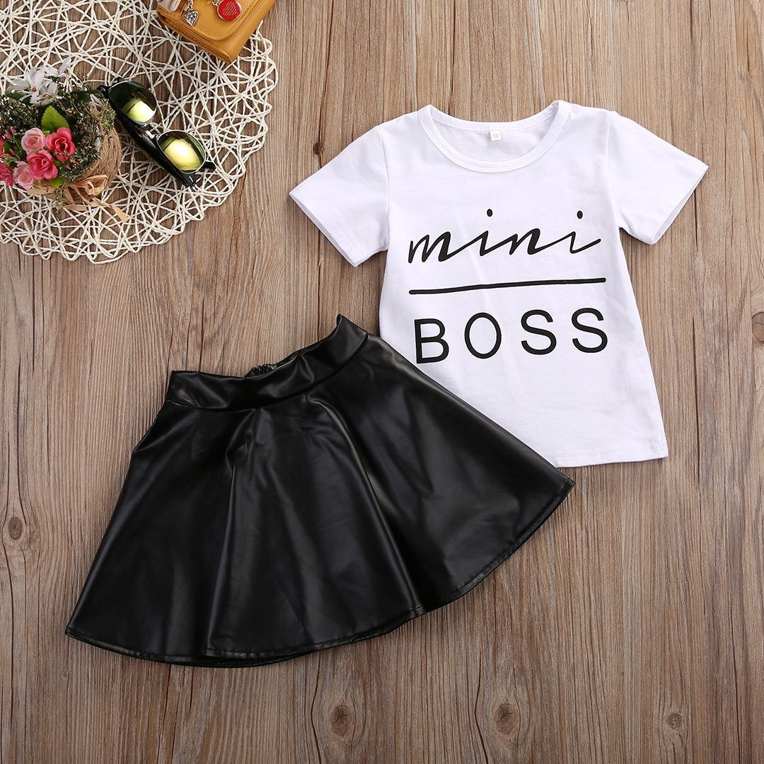 Kids Baby Girls Mini Boss Letters Short Sleeve Tops +Leather Skirt (3T, White)