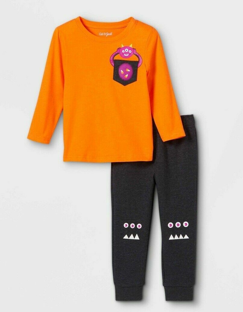 NWT Cat & Jack Boys “Orange Monster” Top Bottom Set Halloween, 12 mo., Free Ship
