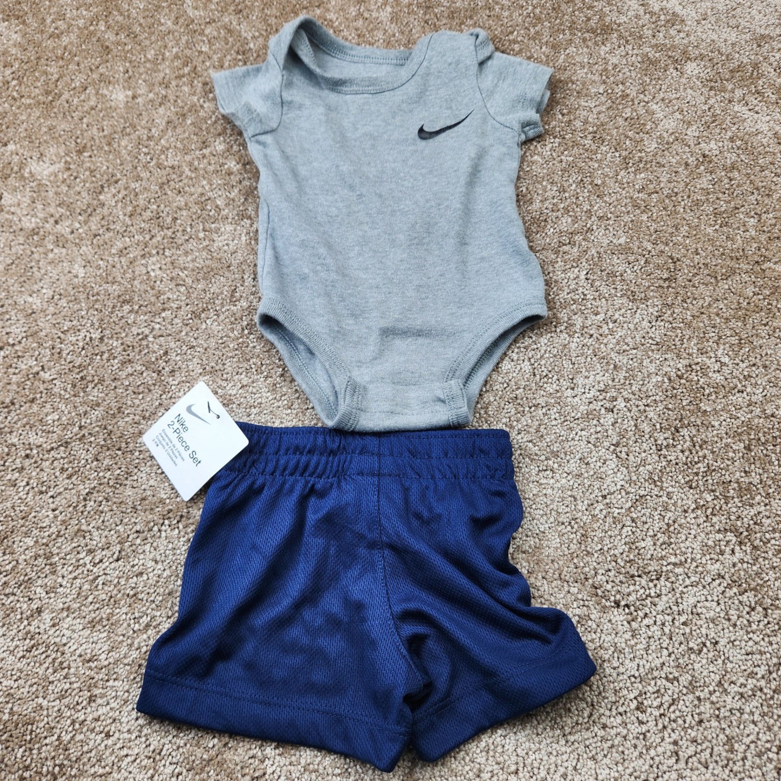 Nike Baby 2-Piece Set Bodysuit and Mesh Shorts Grey Navy Blue 3M 6M NWT