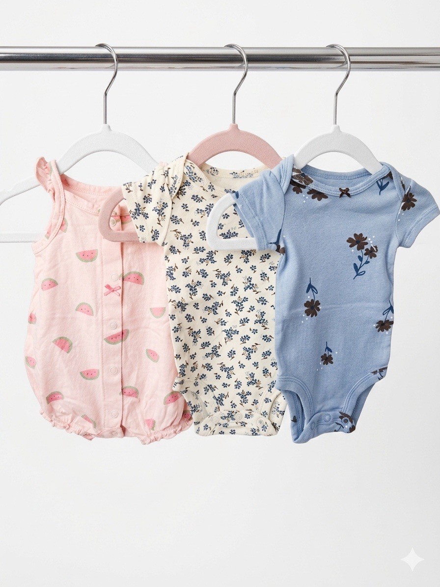 Fruit Floral 3 Piece Bodysuit and Romper Set, Pink Cream Blue, Unisex Casual