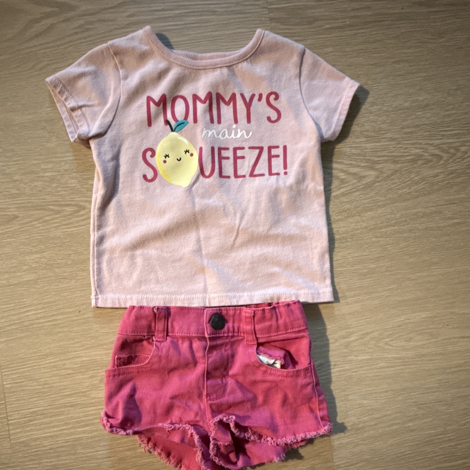 Garanimals Girls 12-18M 2pc Tee & Denim Shorts Set Pink Lemon Graphic Pockets