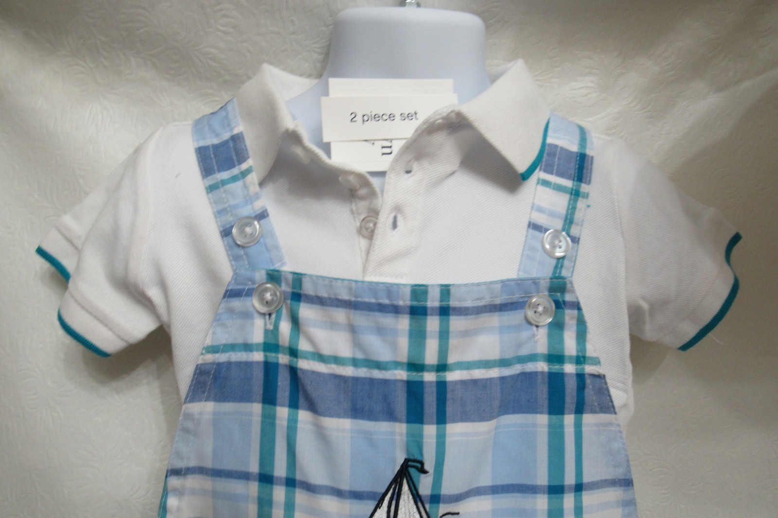 Crown & Ivy Collared Bodysuit & Shortalls Sailboat Overall Set Boys 24 Months