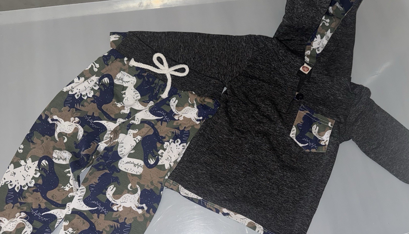 2pc Knit Cotton Hoodie & Pants Set Dinosaur Print Gray Long Sleeve 90 Bekarsy