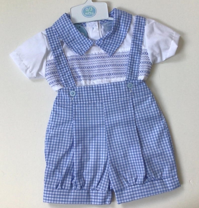 Baby boys clothes Spanish style smocked shirt and shorts dungaree set 0-9 months