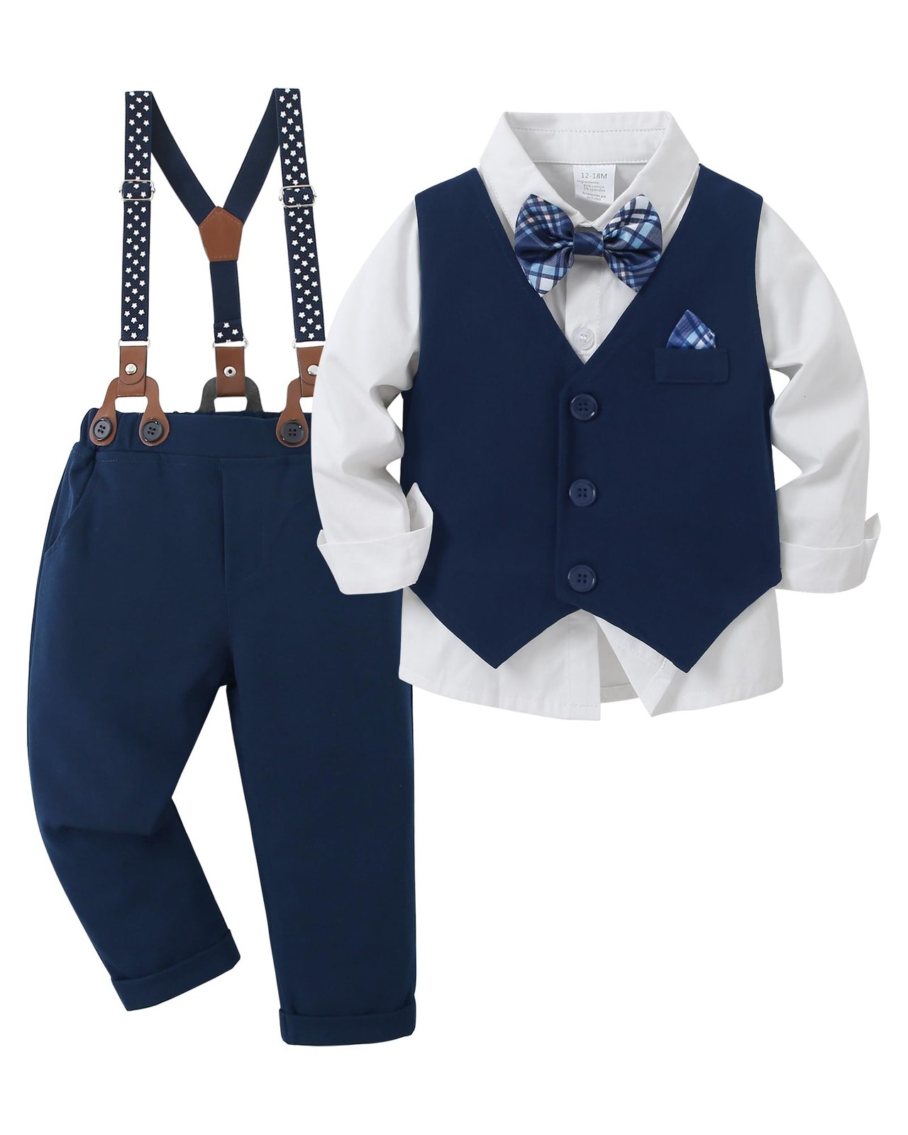 Toddler Baby Boy Clothes Suits Gentleman Dress Shirt+Bowtie+Vest+Suspender Pa…