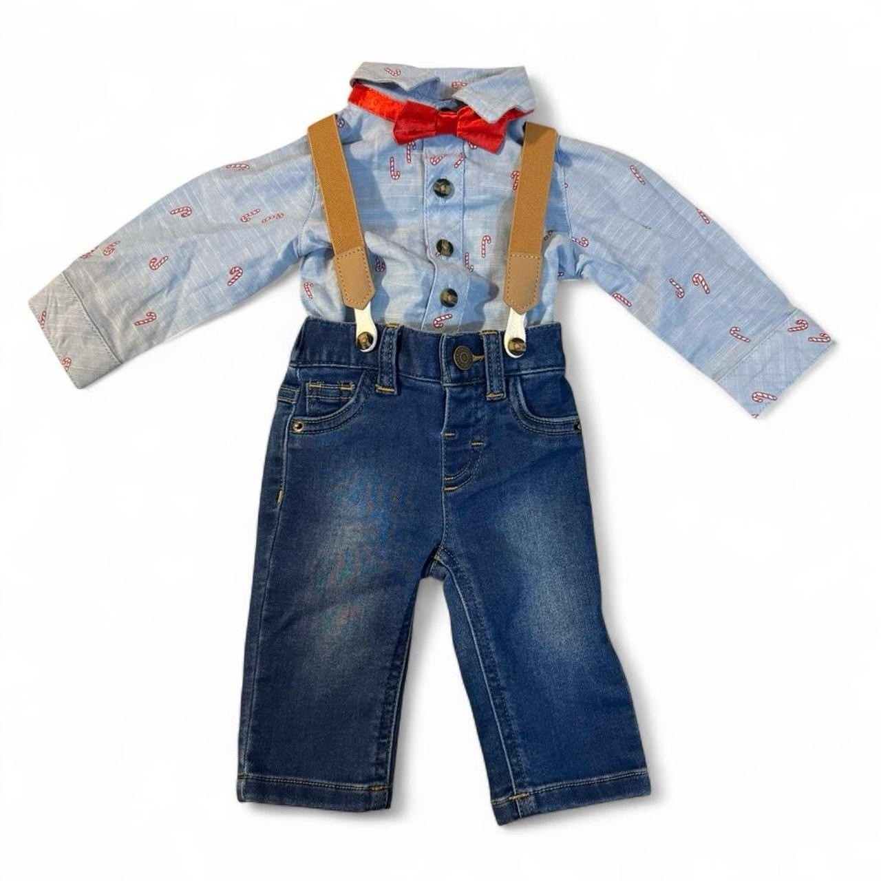 NB Boys’ Candy Cane 4pc Woven Top & Denim Pants Suspenders Bow Cat & Jack XMAS