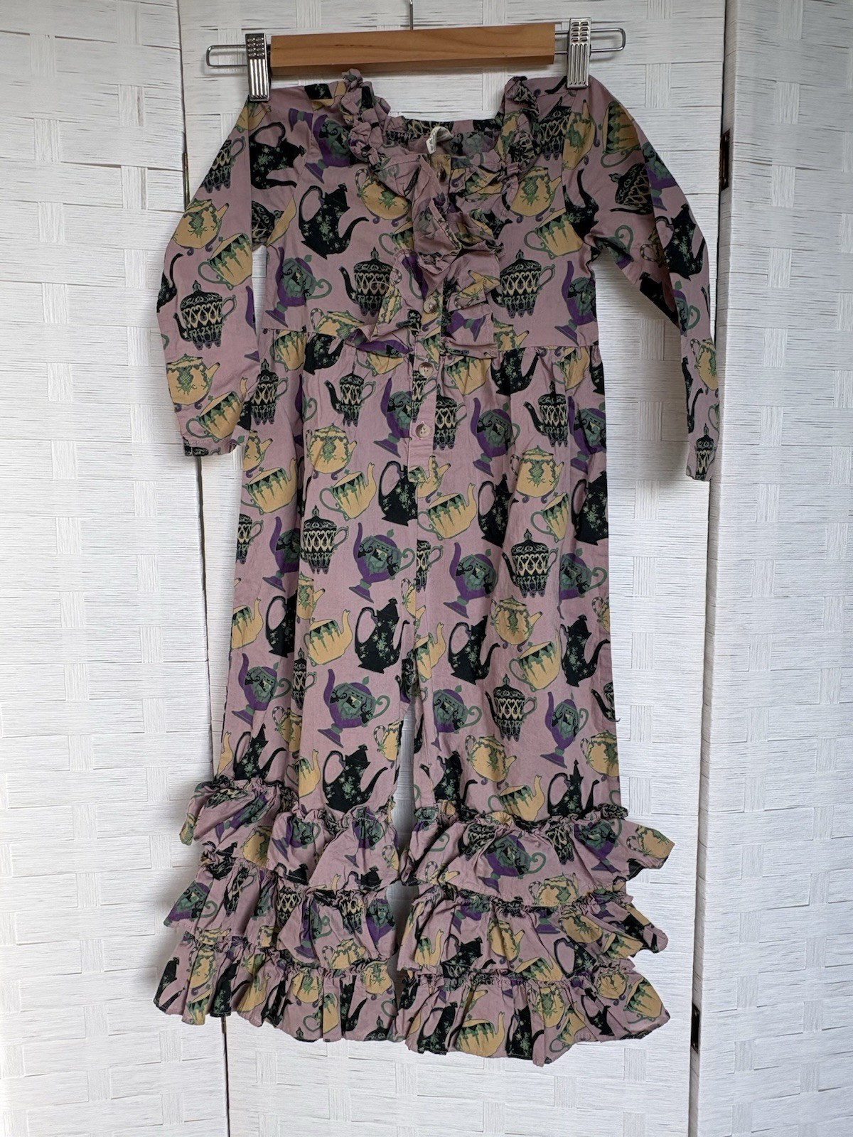 Kate Quinn 4T Tea Cup Bell Bottom Wide Leg Ruffle Jumpsuit Plum