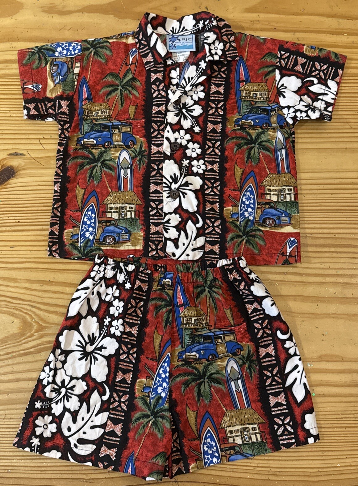 RJC Boy’s Red Two-Piece Shorts Set Hawaiian Woodies Cars Palm Trees Surfing 24M