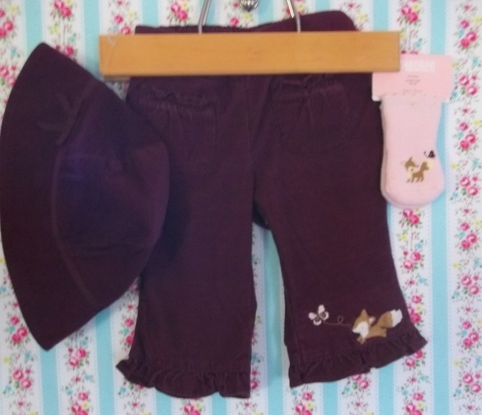 Gymboree ’08 Forest Trails fox butterfly burgundy ruffle pants hat socks 3-6