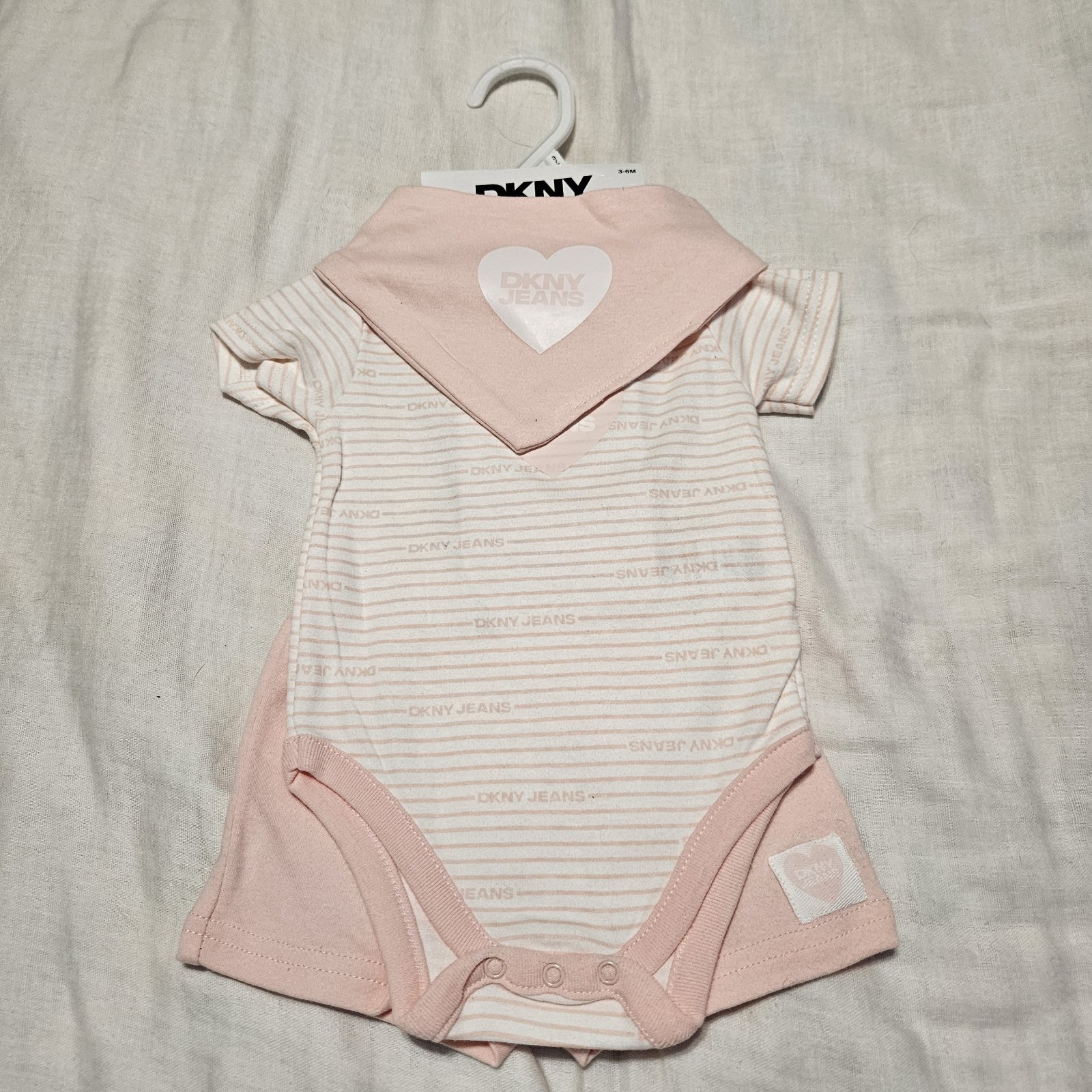 DKNY Jeans 3 Piece Set 3-6 Months Bib Bodysuit Shorts 100% Cotton Soft Pink NWT