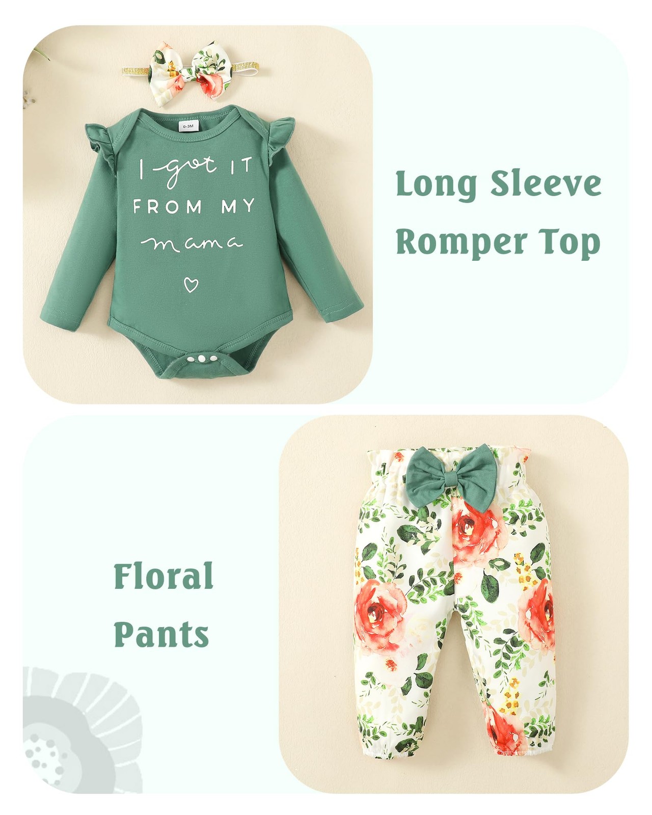 Green Baby Girl Romper & Pant Set 6-12 Months – Long Sleeve Ruffle Fall Outfit