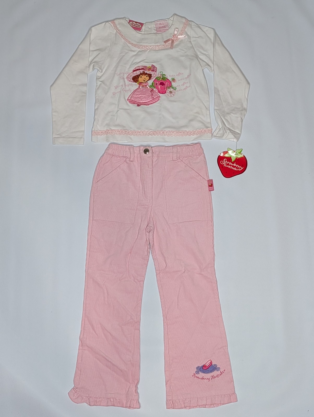 Vintage Strawberry Shortcake Embroidered 2 PC Set 5T Pink Corduroy Pants NWT
