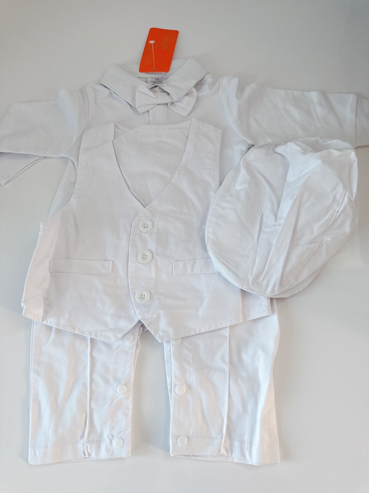 Baby Boys White christening shower Wedding Formal Party Hat Vest outfits suits