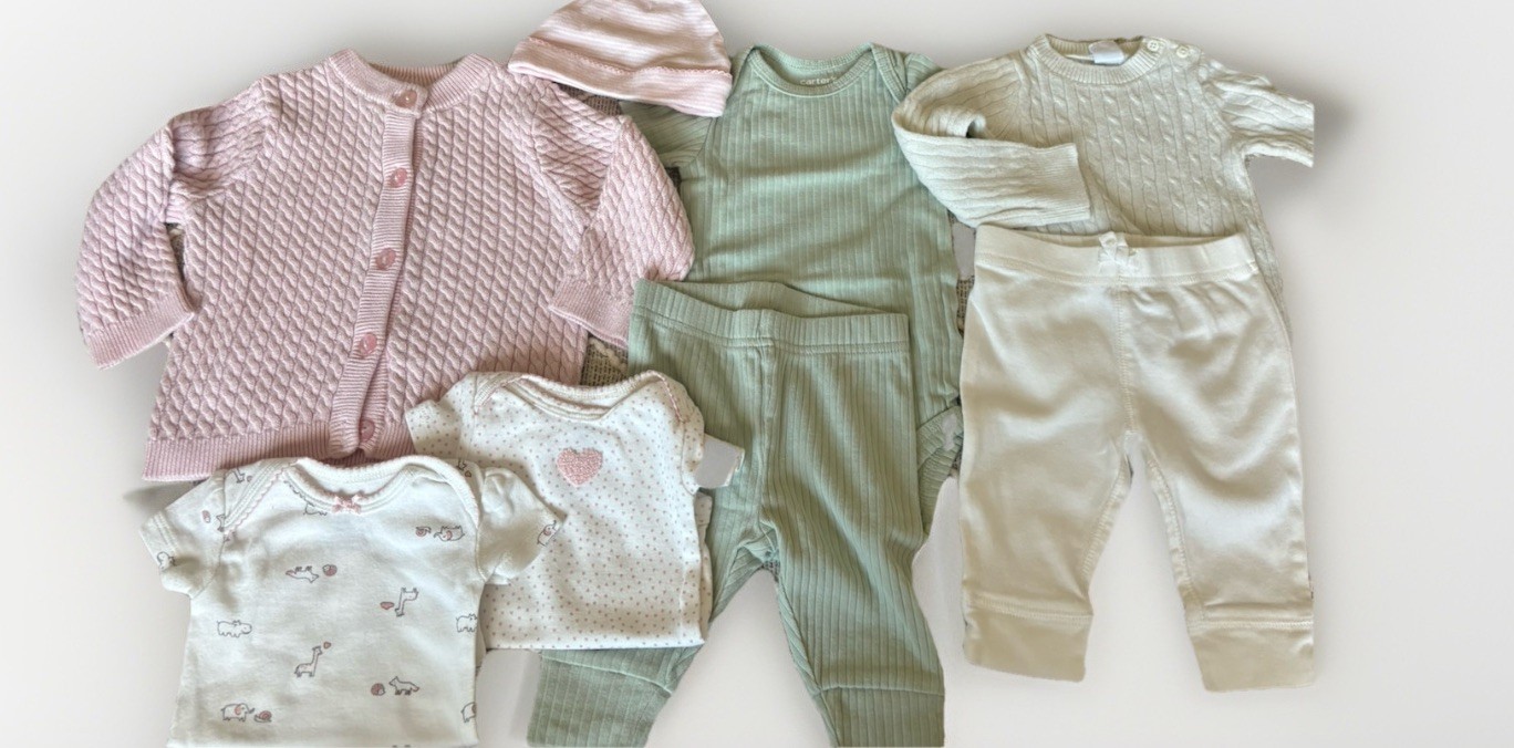 7-Piece Outfit Set: Sweater, Hat, Bodysuit, Pants, Shirt, Pink/Green/White