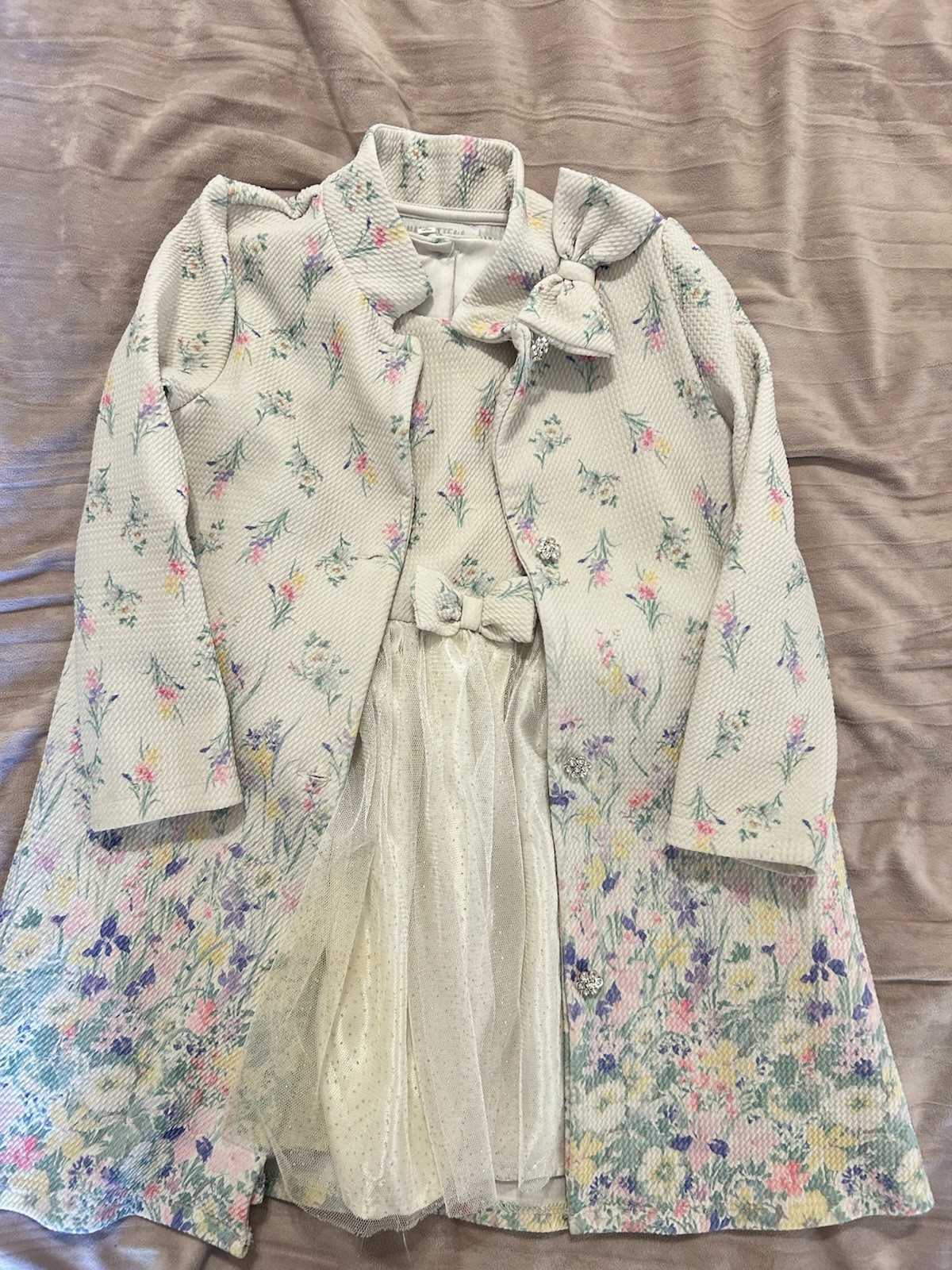 Nanette Girls 4T Floral Tulle Dress & Coat 2pc Set Bow Long Sleeve Ivory
