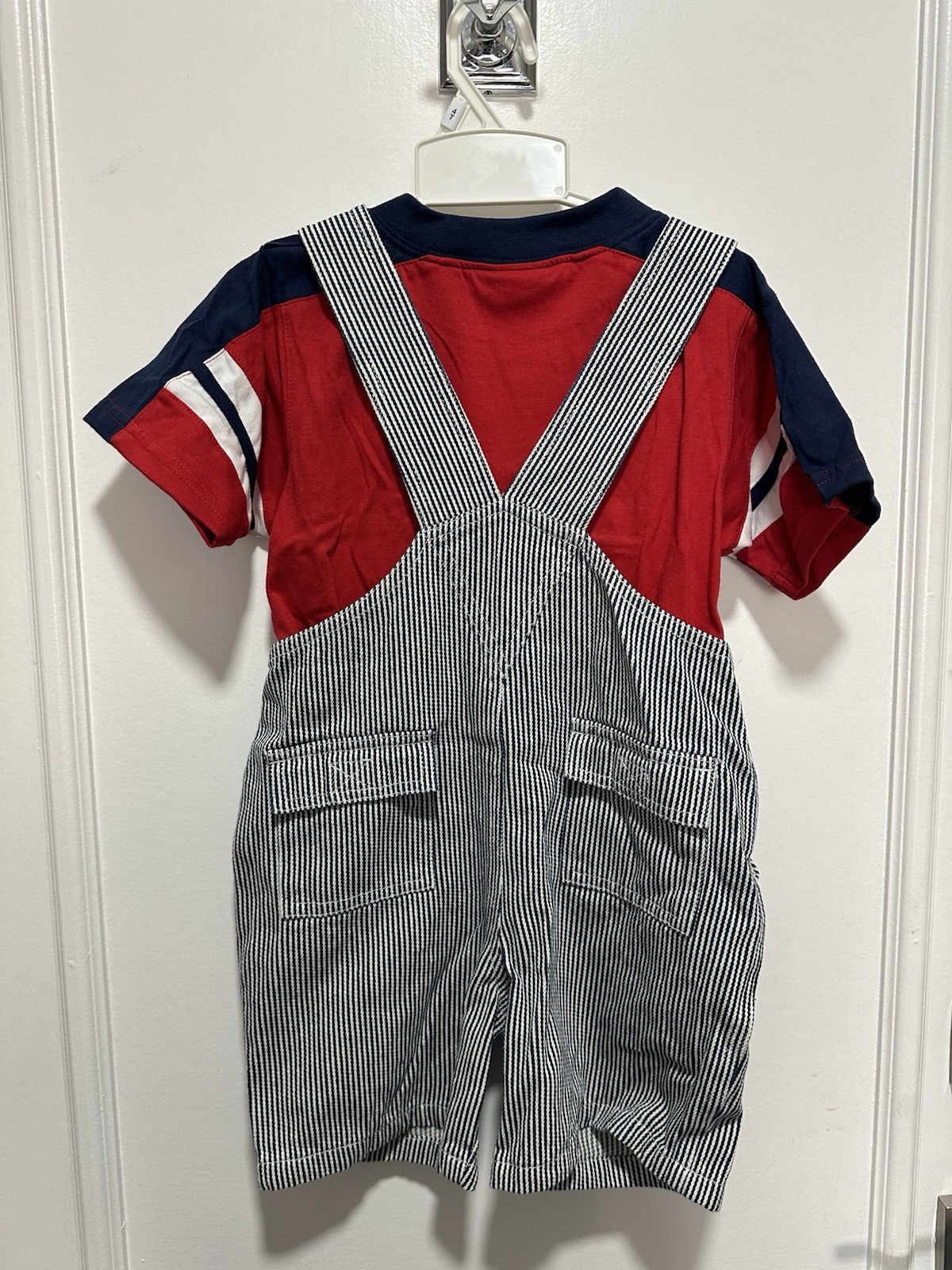 Thomas & Friends Boys 4T 2pc Denim Striped Overall Shorts & Red Tee Thomas