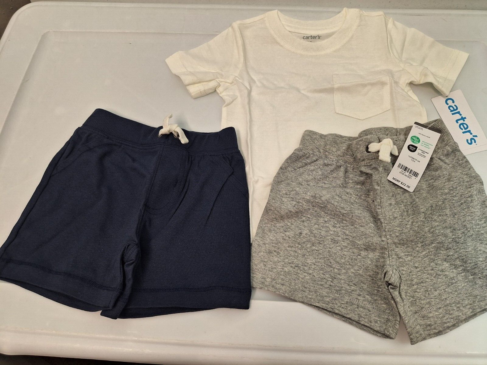 Carters Baby 12m Boys 3 Piece Lot Tee + 2 Shorts NWT White/Gray/Navy