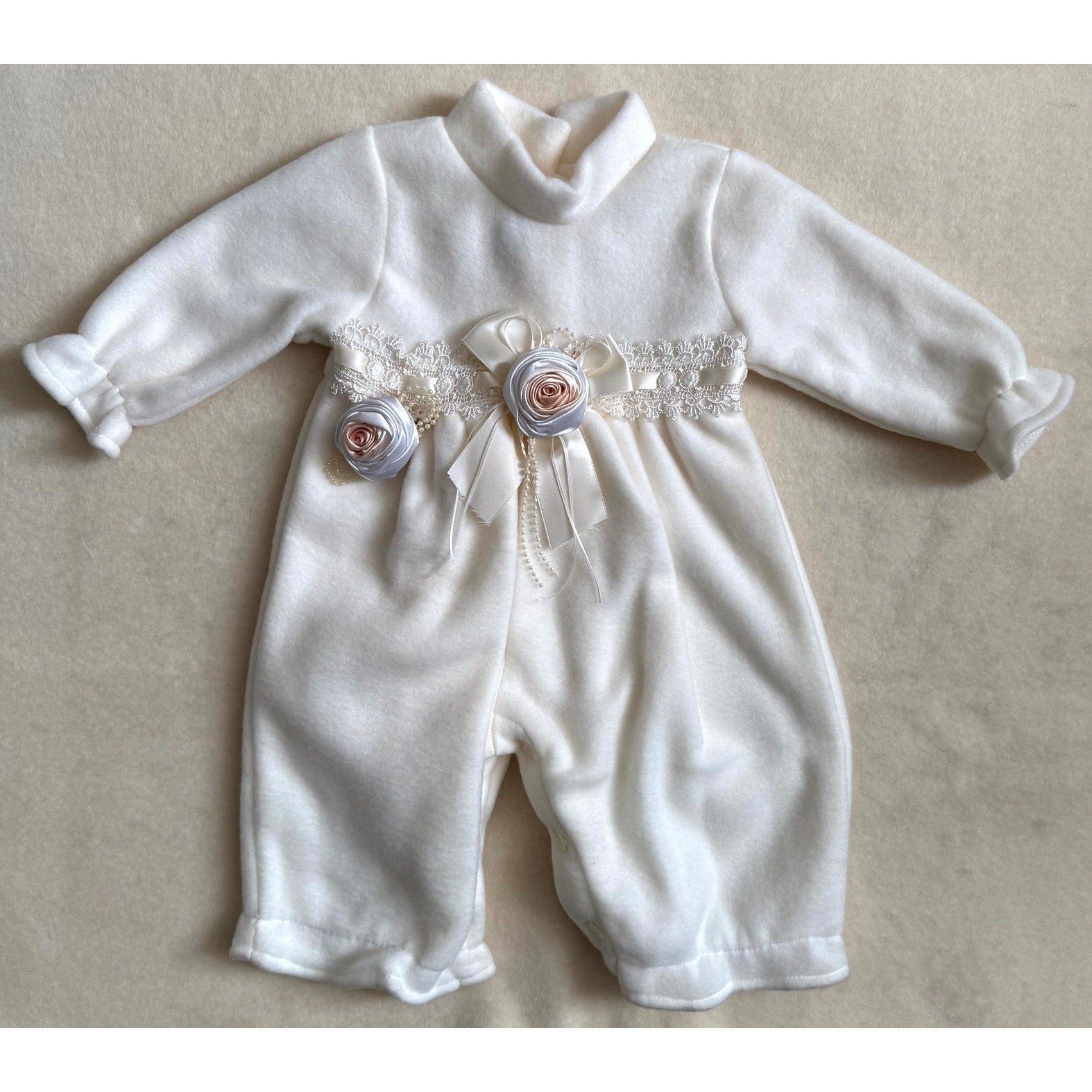 Vintage 90s Bunny & Dino 2-Piece Romper Set Girls Size L Ivory Lace Rosette