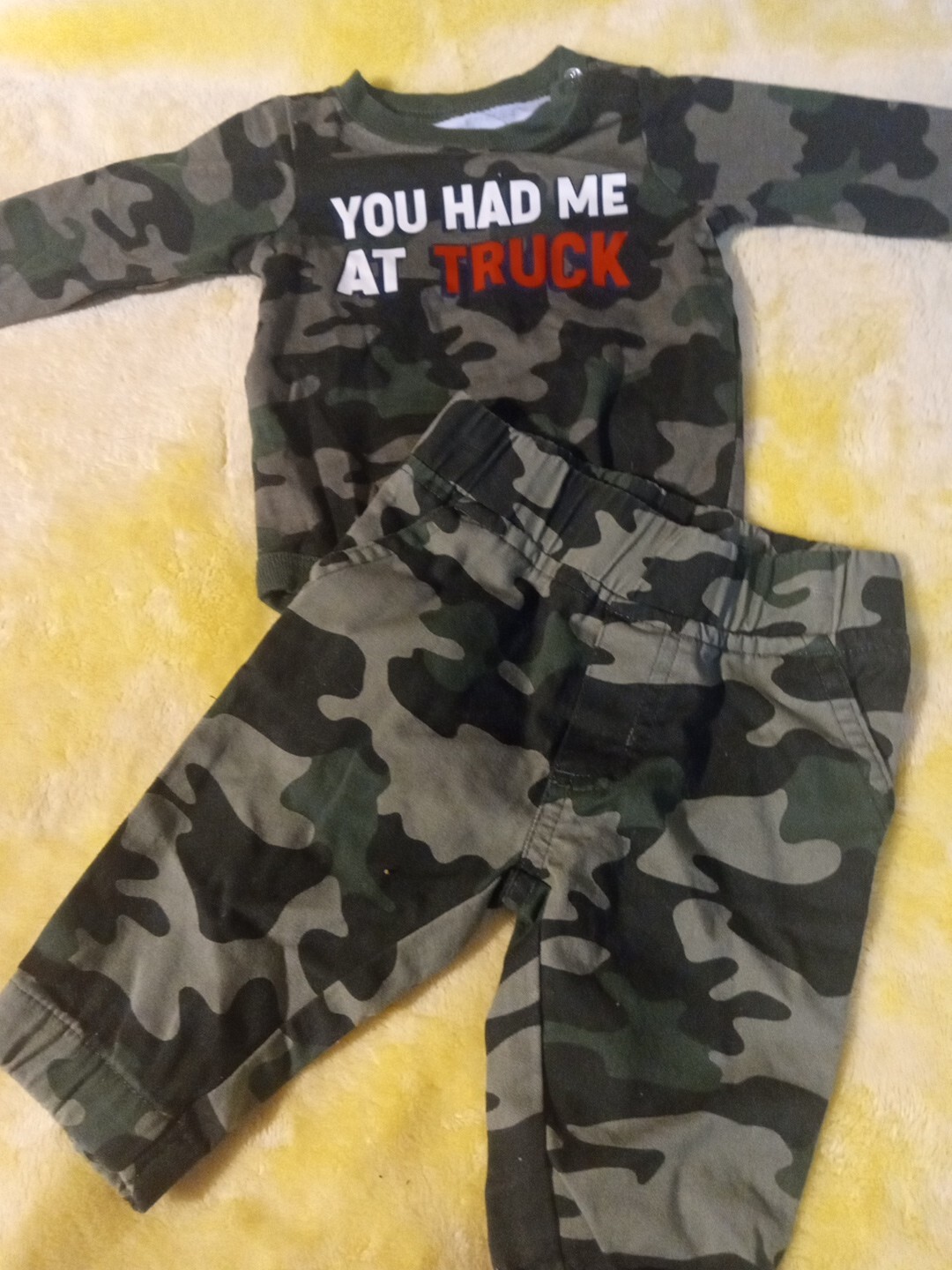 Baby Boy Outfit 0-3 Month Camo Elastic Back Pants/ L Sleeved Truck Romper, NWOT