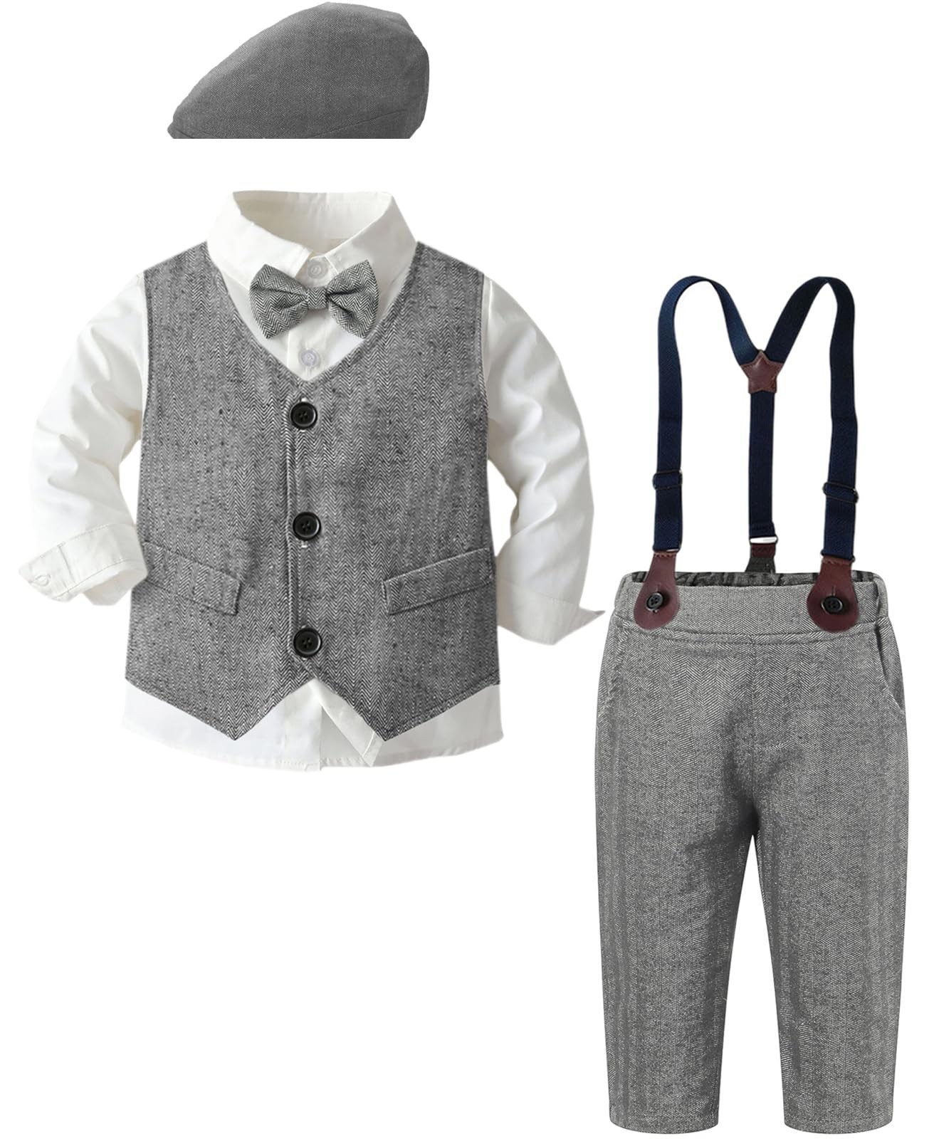 Boys Clothes Set, Dress Shirt with Bow Tie + Formal Vest + Newsboy Hat + Susp…