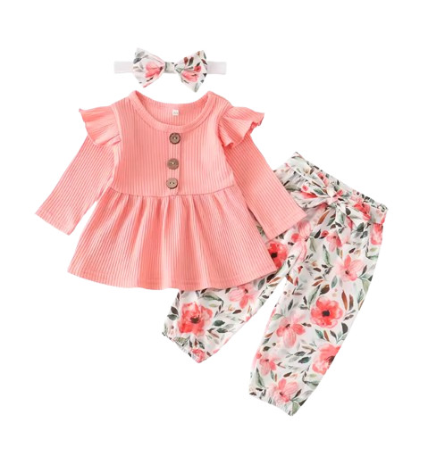 Newborn Baby Girl Pink Outfit – Solid Knit Long Sleeve Top + Floral Pants