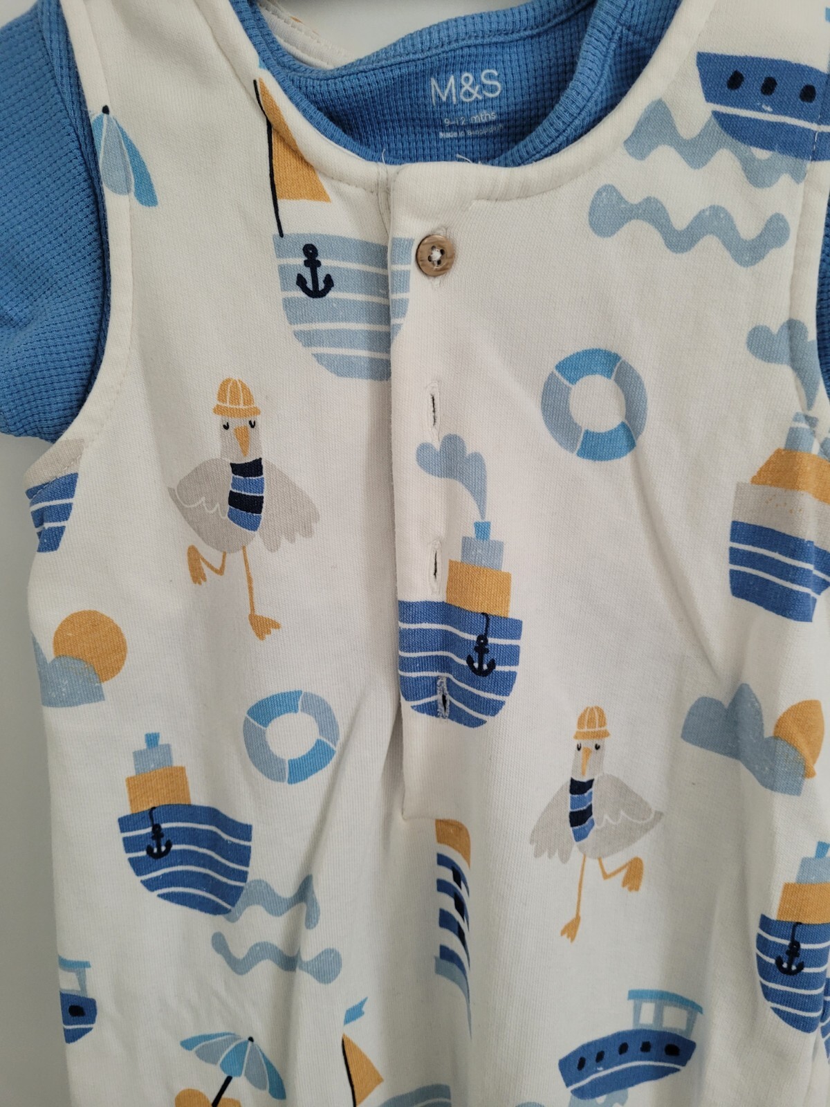 New Marks and Spencer M&S 2pc Blue White Cotton Rich AOP Boat Print Outfit Set
