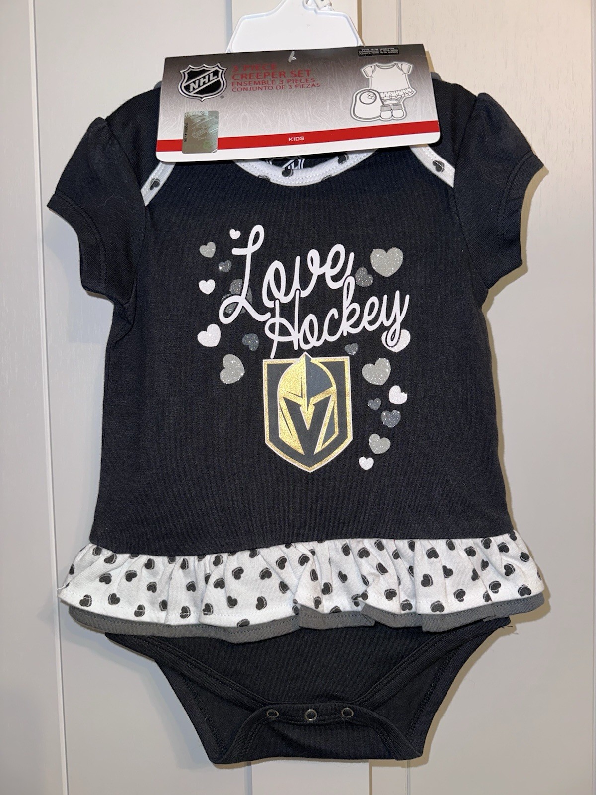 NEW 3 PC “Love Hockey” Set {12-18 M} Golden Knights -Romper-Bib-Booties-Outfit