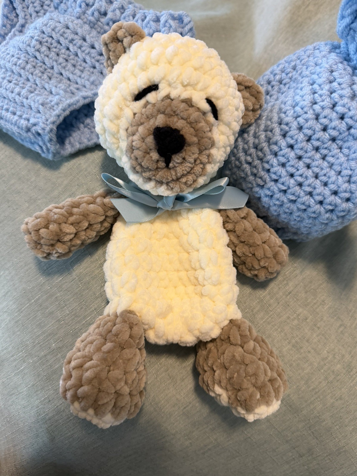 New Crochet Teddy bear snuggler with newborn bear diaper cover outfit set