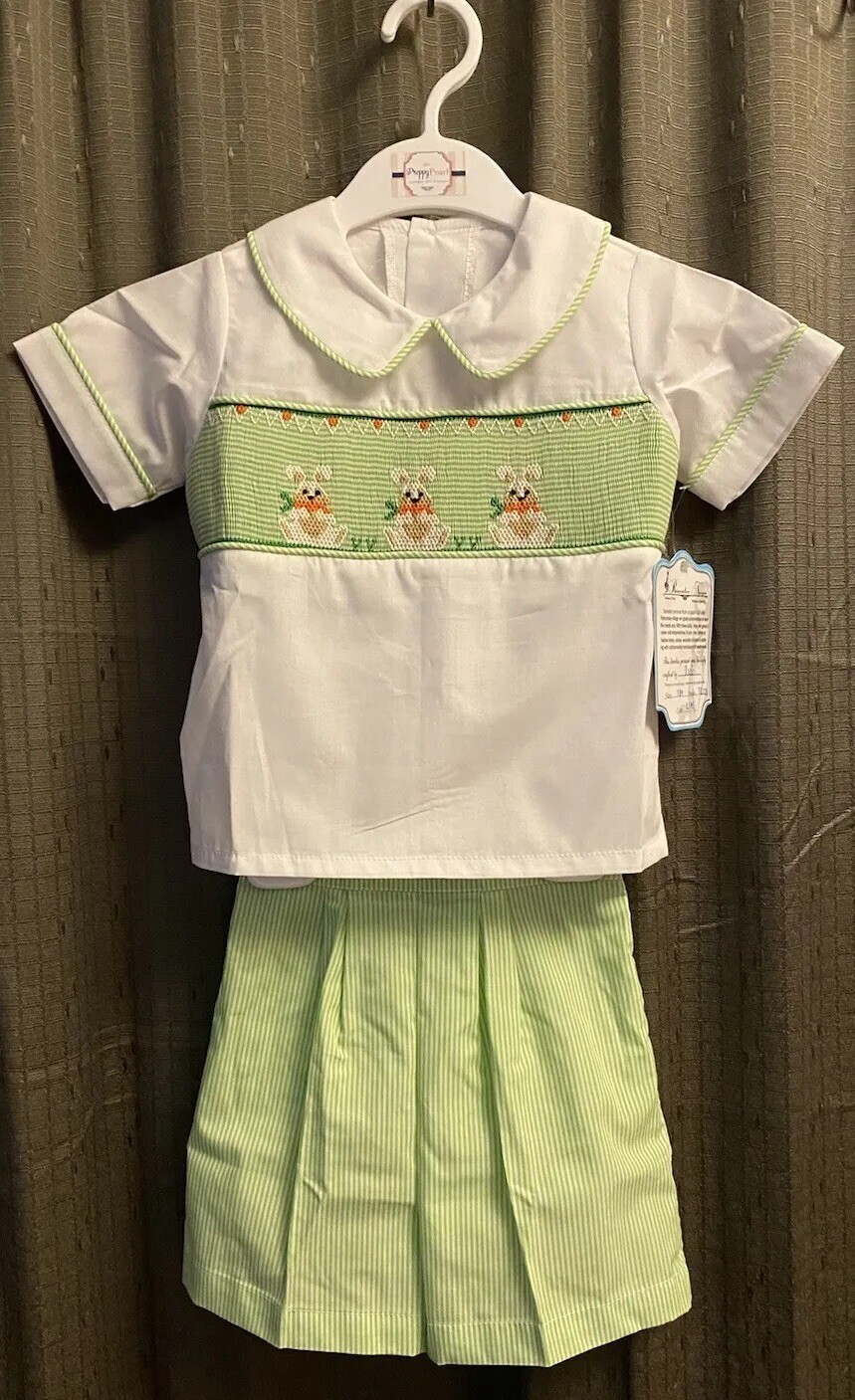 Boys NWT Remember Nguyen Smocked Shorts Set Dress Shirt Easter Striped 18 Mos