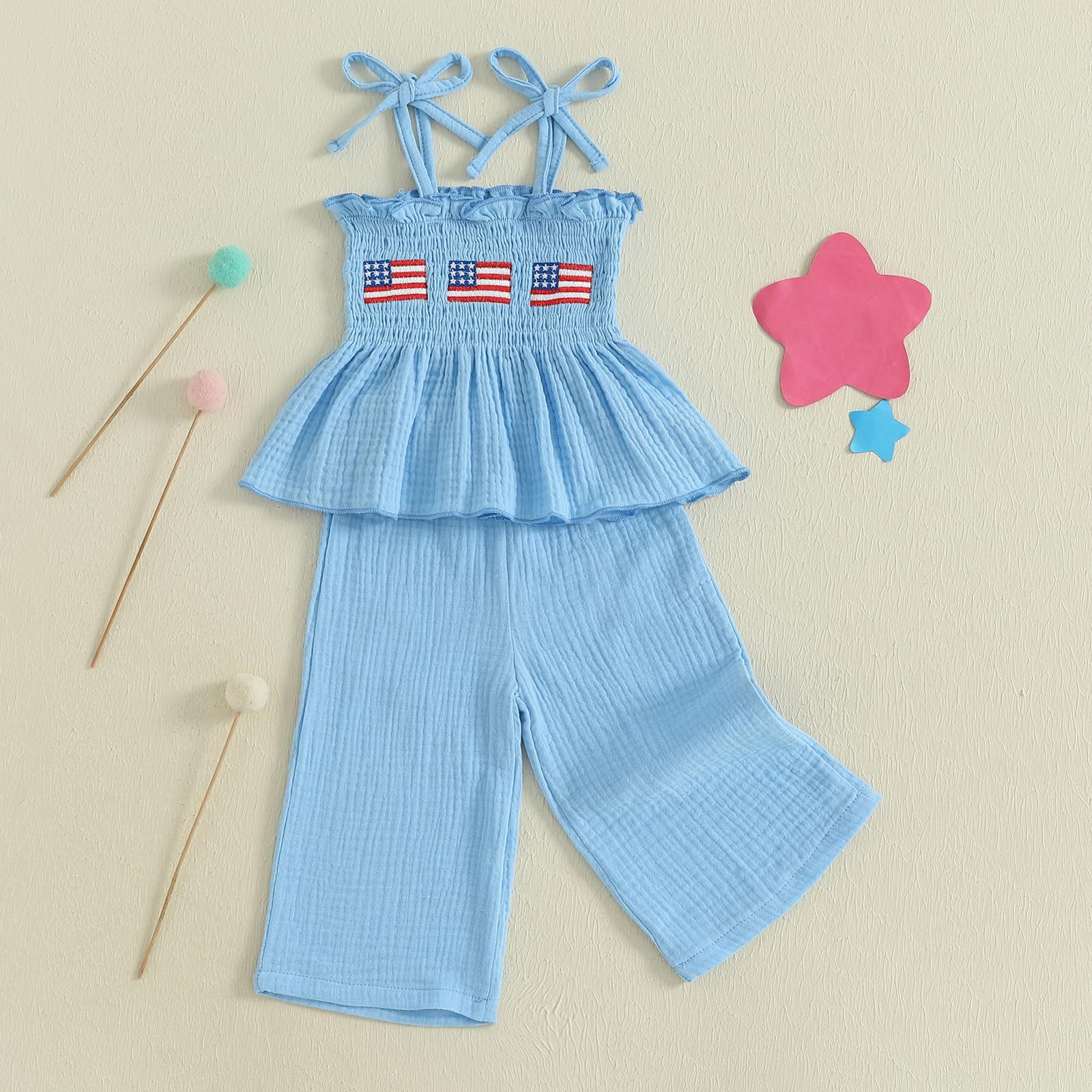 4th of July Toddler Girl Outfit Usa Smocked Spaghetti Strap Tank Top Dress Wi…