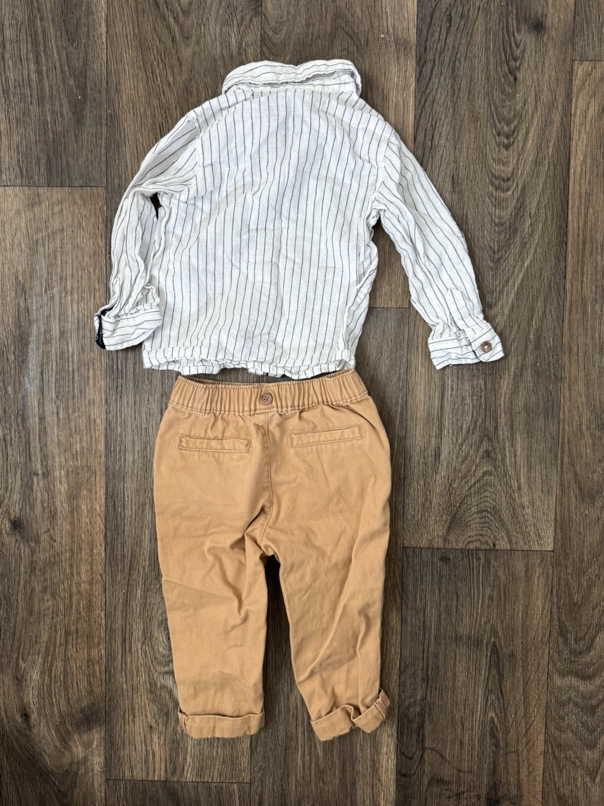 Little Lad Boys 18M Striped Linen Cotton Shirt & Beige Pants Set Long Sleeve