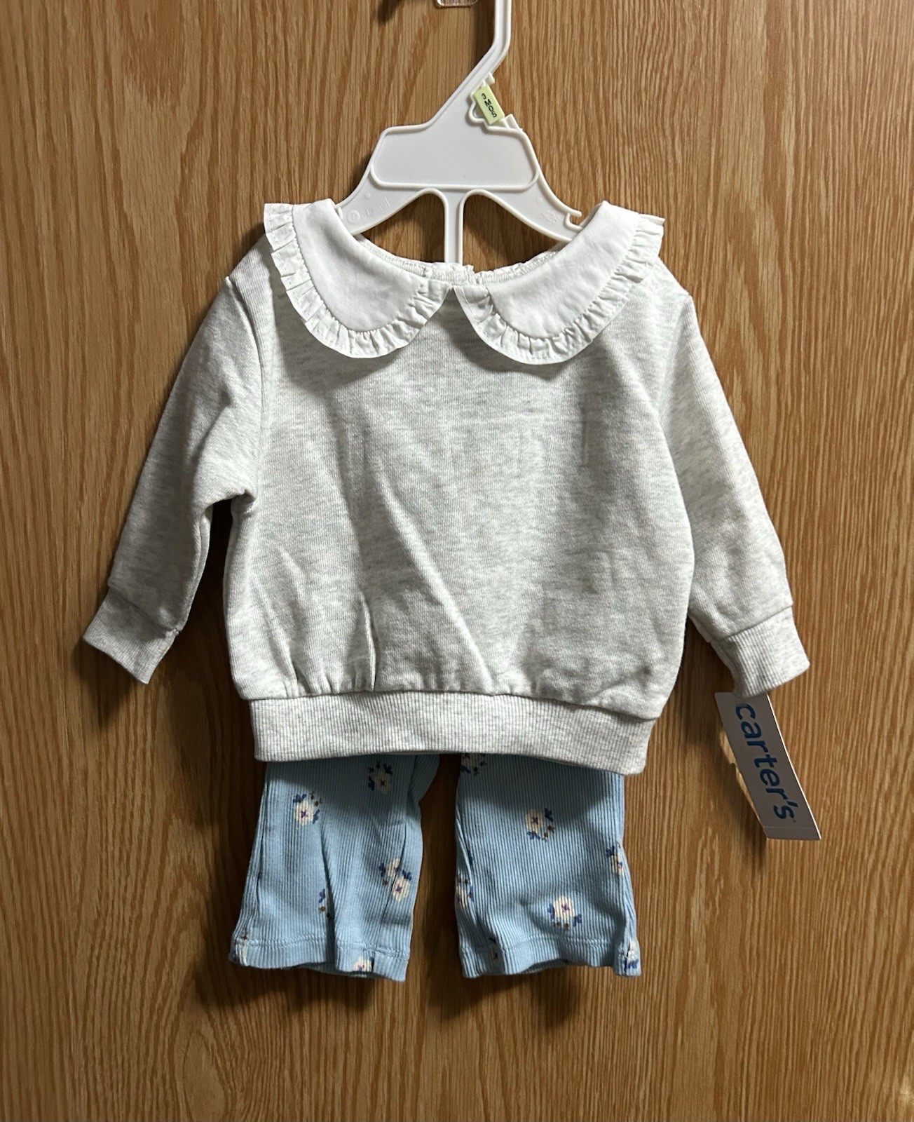 2pc Grey Sweatshirt w/White Collar & Blue Floral Pants Set