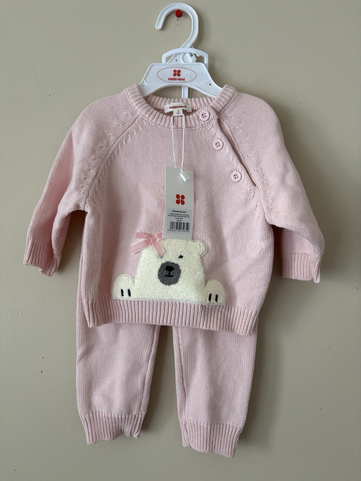 NEW CATIMINI 2 PC BABY BLUSH POLAR BEAR SWEATER PANTS SET SZ. 3 MONTHS