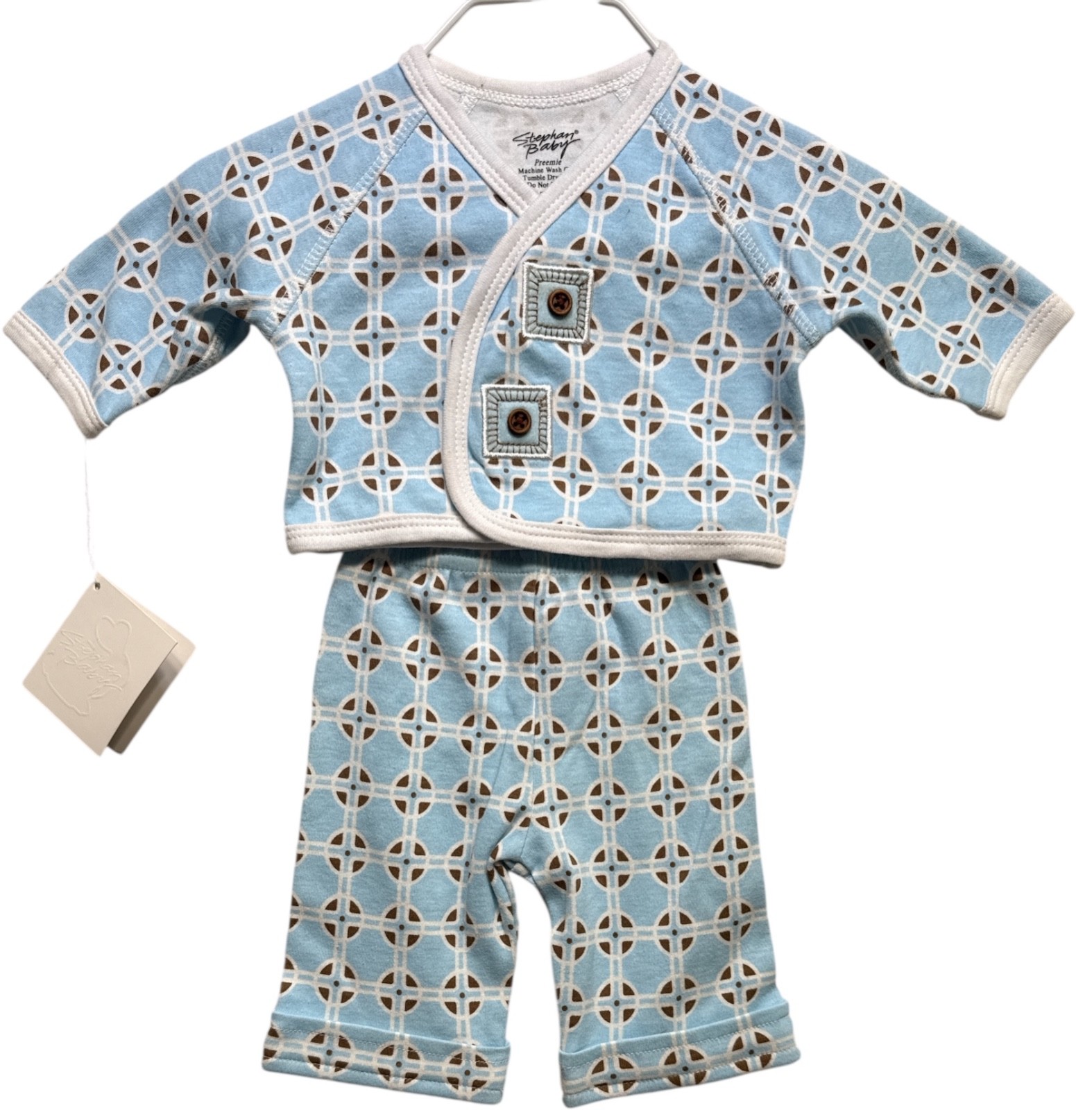 NWT Stephan Baby Geometric Print Blue White Brown Pants Top 2pc Set, Preemie