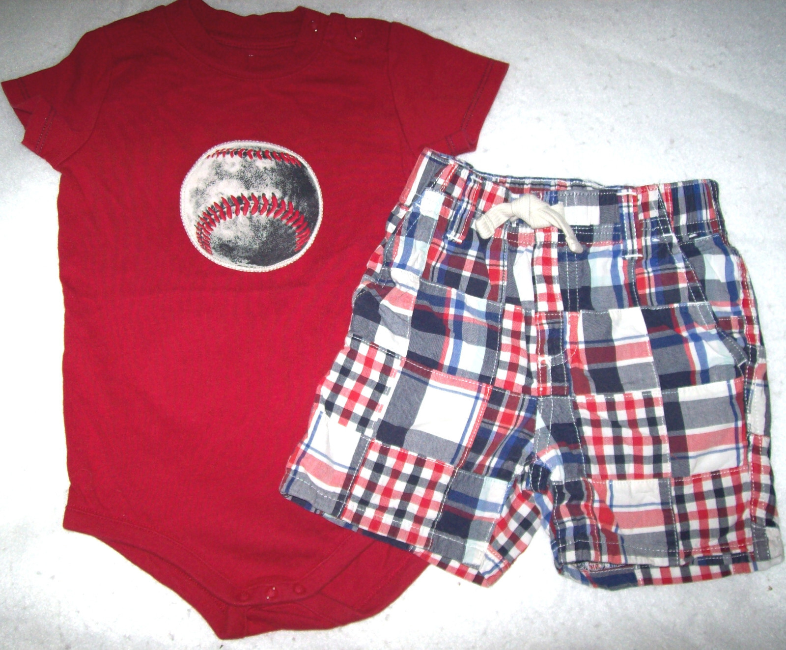Boy 12-18 M: GYMBOREE Red BASEBALL Bodysuit “JUNIOR VARSITY” w/ PATCHWORK SHORTS