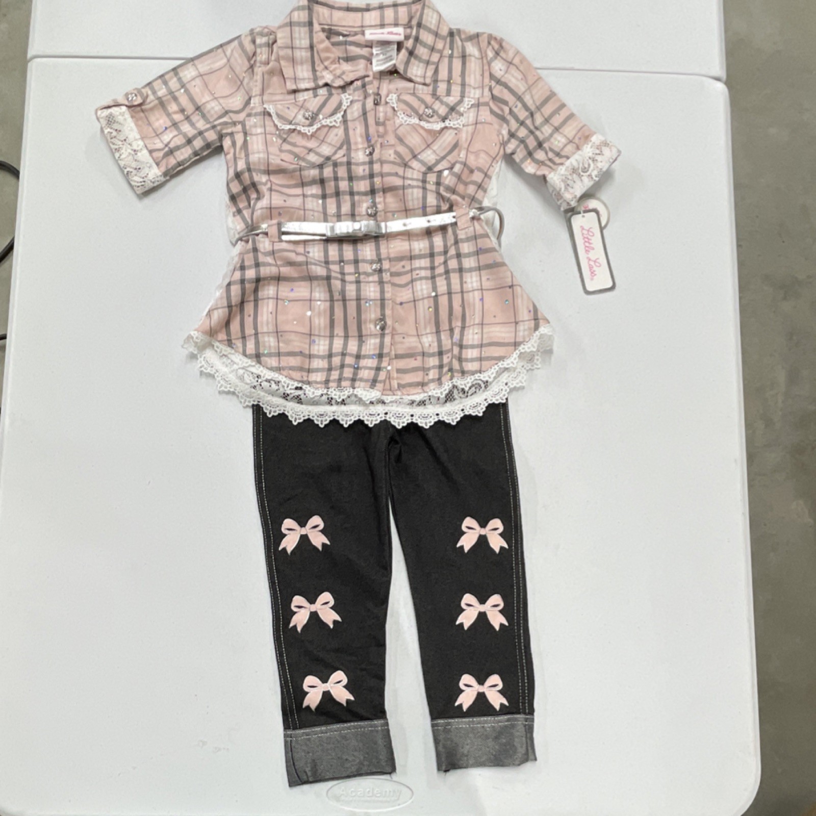 Little Lass Pink Plaid Glitter Lace Bow Pants Set Girls 3T Outfit Top & Pants