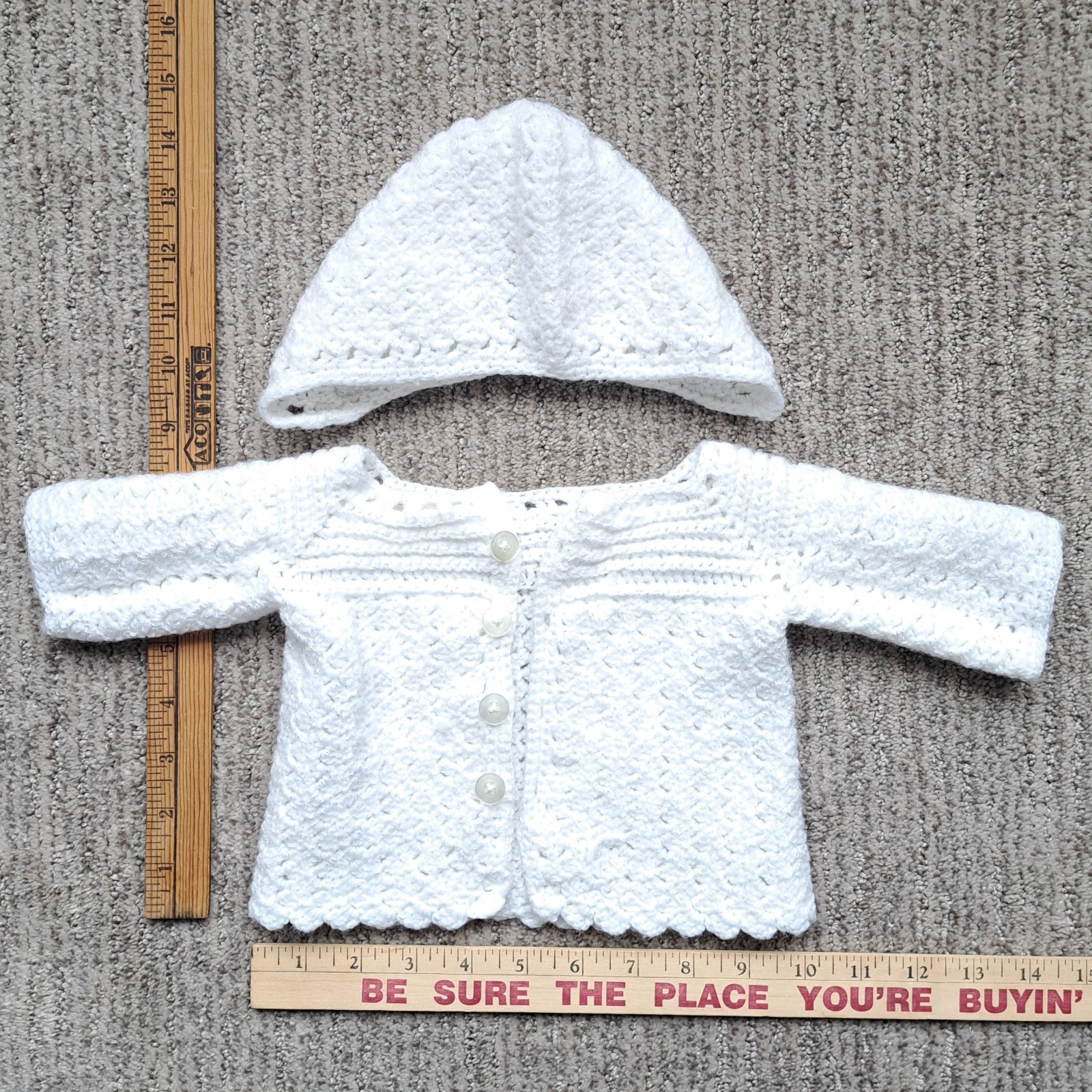 Vintage Handmade Knit Crocheted(?) Baby Cardigan Sweater & Bonnet Set 0-3 months
