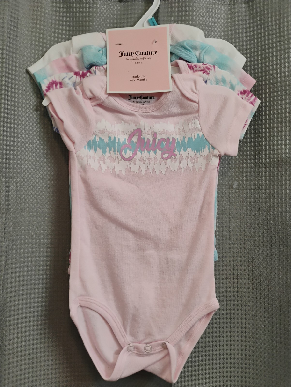 Juicy Couture Baby Girl 4 Piece Bodysuit Set Pink, White & Blue 6-9 Months