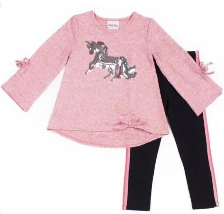 Little Lass Unicorn Side-Tie Top and Racer Stripe Leggings, 2pc Set Toddler S.3T