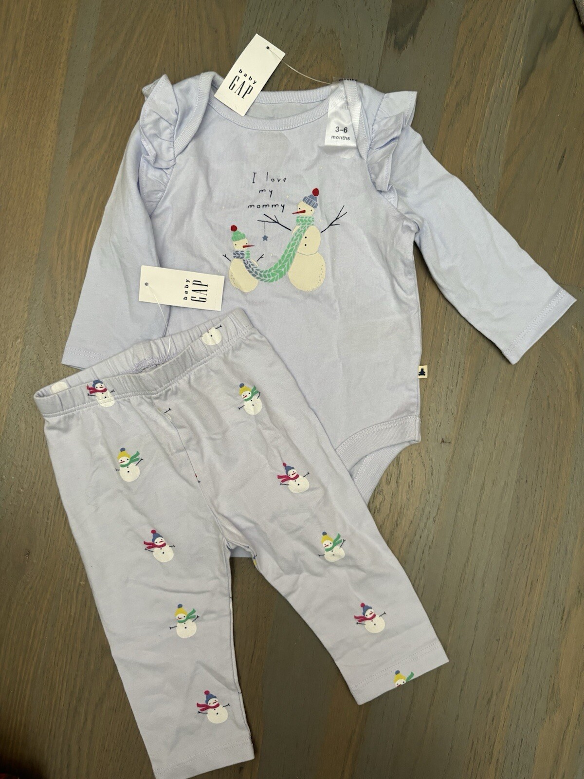 NWT Baby Gap girl HOLIDAY 2-piece blue snowman mommy bodysuit pants SET 3 6