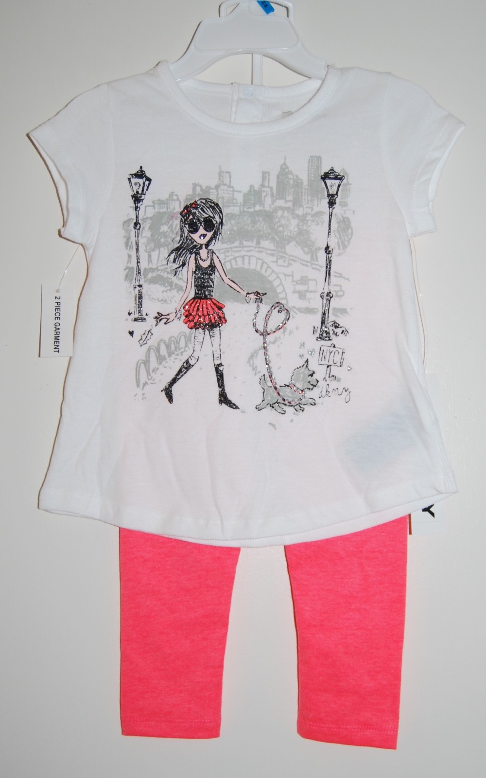NWT DKNY Infant Girls Pink Girl & Dog Graphic SS T-Shirt & Leggings Set sz 24M