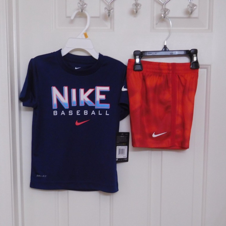 NWT 2pc Nike Navy Red White Baseball Logo Shirt & Red Shorts sz 3t