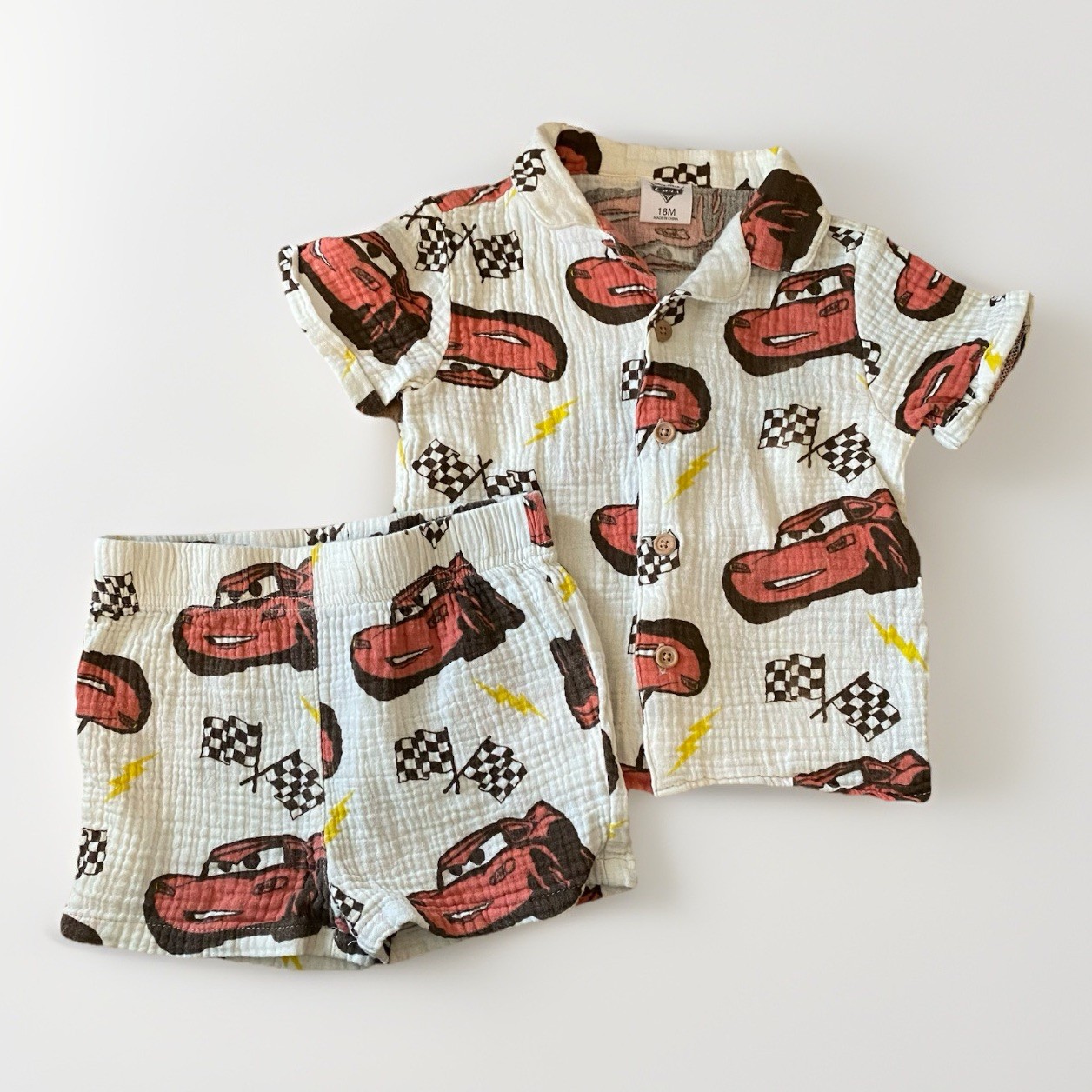Cars Lightning McQueen Gauze Shorts & Button Up Shirt Set Baby Boys 18 Months