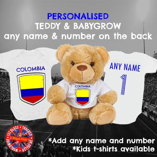 Colombia Football Babygrow & Teddy Bear Personalised Matching Gift set, Soccer
